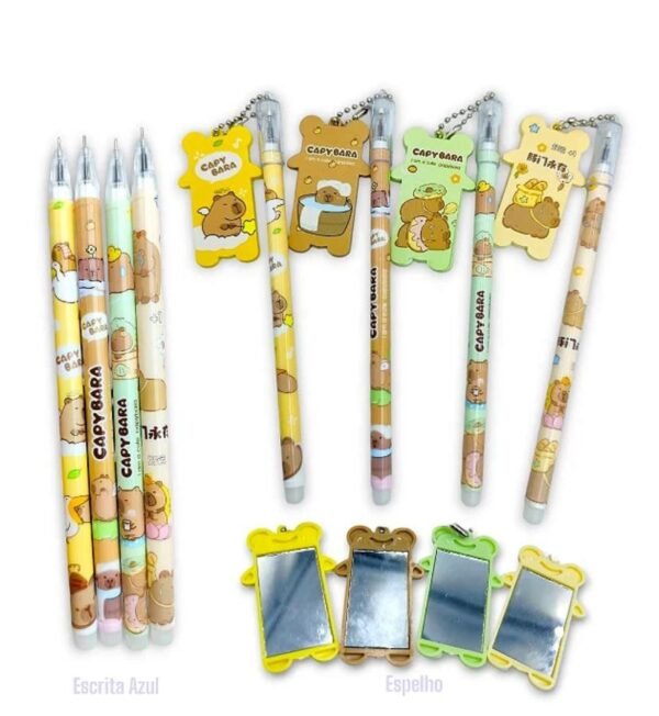 Caneta fofa em gel Capivara com pingente Espelho